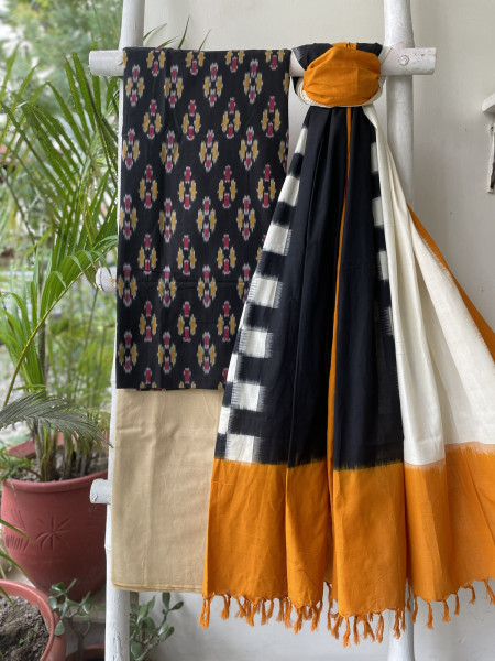 BLACK-MUSTARD COTTON IKKAT DUPATTA SET