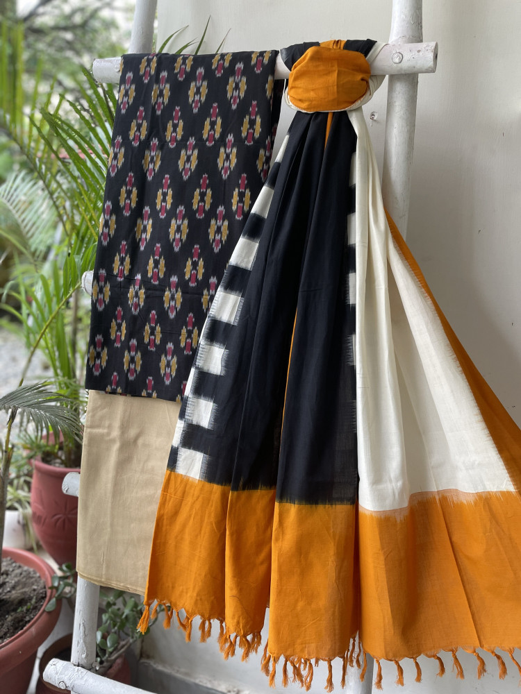 Image of BLACK-MUSTARD COTTON IKKAT DUPATTA SET
