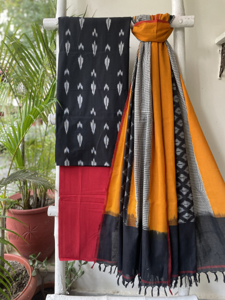 BLACK-RED COTTON IKKAT DUPATTA SET