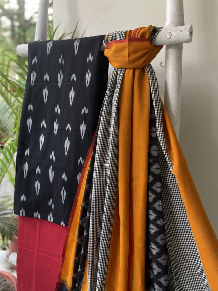 BLACK-RED COTTON IKKAT DUPATTA SET