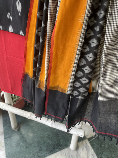 BLACK-RED COTTON IKKAT DUPATTA SET