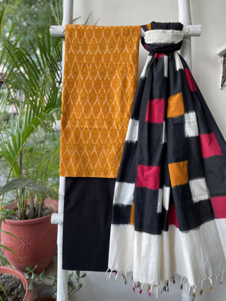 MUSTARD-BLACK  COTTON IKKAT DUPATTA SET