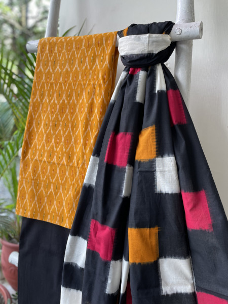 MUSTARD-BLACK  COTTON IKKAT DUPATTA SET