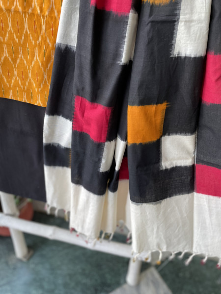 MUSTARD-BLACK  COTTON IKKAT DUPATTA SET