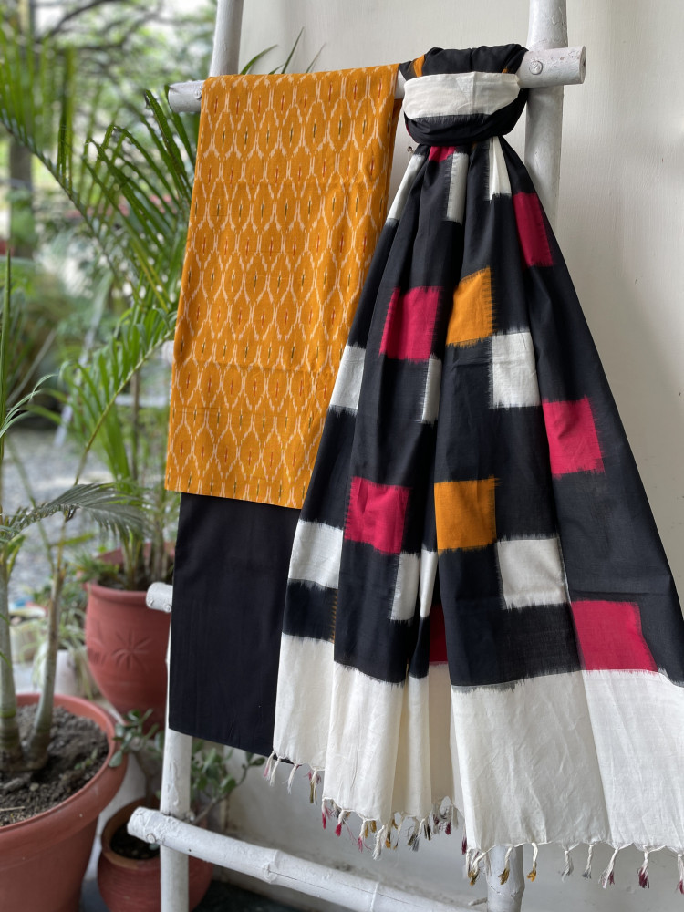Image of MUSTARD-BLACK  COTTON IKKAT DUPATTA SET