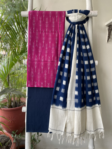 PINK & BLUE COTTON IKKAT DUPATTA SET