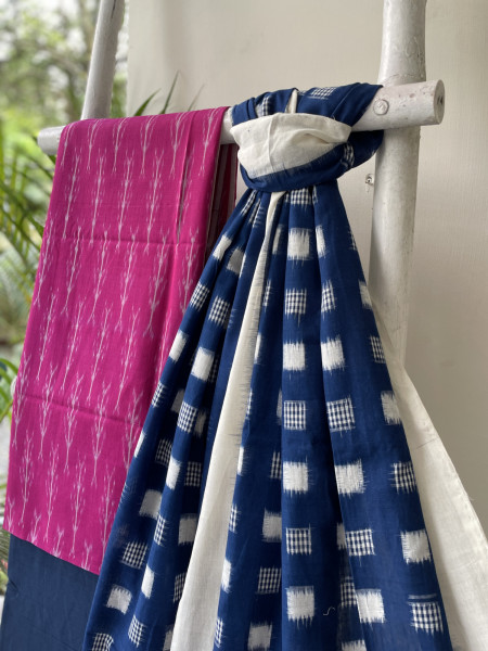 PINK & BLUE COTTON IKKAT DUPATTA SET