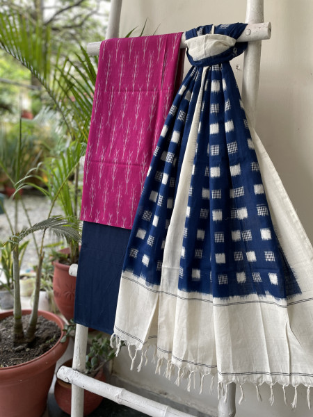 PINK & BLUE COTTON IKKAT DUPATTA SET