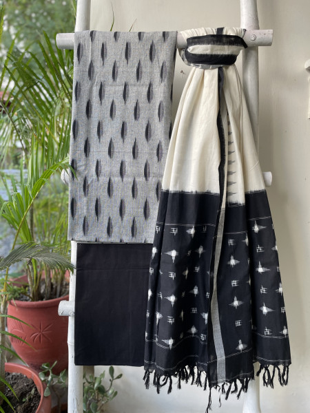 GREY & BLACK COTTON IKKAT DUPATTA SET