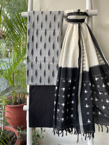 GREY & BLACK COTTON IKKAT DUPATTA SET