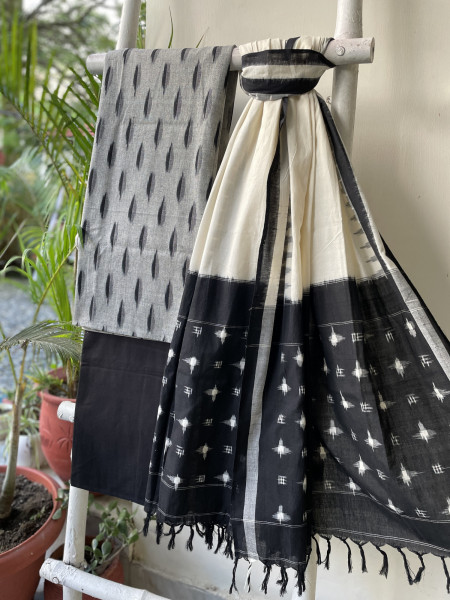 GREY & BLACK COTTON IKKAT DUPATTA SET