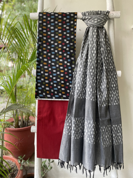 BLACK & GREY COTTON IKKAT DUPATTA SET