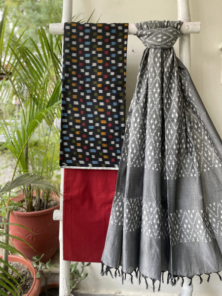 BLACK & GREY COTTON IKKAT DUPATTA SET