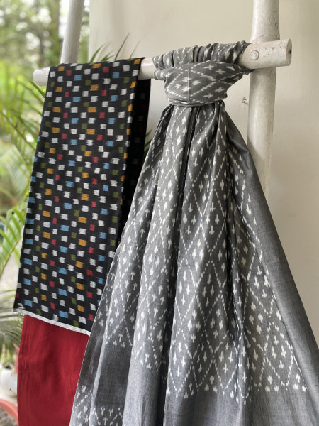 BLACK & GREY COTTON IKKAT DUPATTA SET