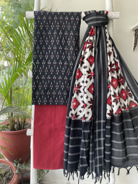 BLACK & RED COTTON IKKAT DUPATTA SET
