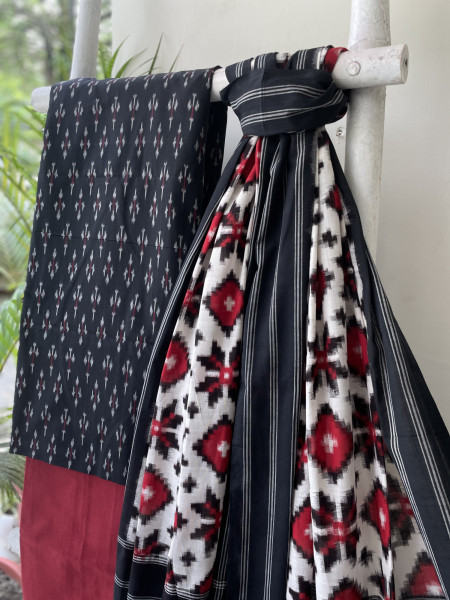 BLACK & RED COTTON IKKAT DUPATTA SET