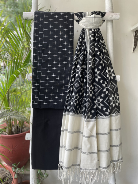 BLACK & WHITE COTTON IKKAT DUPATTA SET
