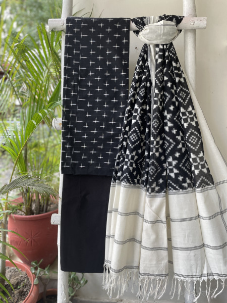 BLACK & WHITE COTTON IKKAT DUPATTA SET