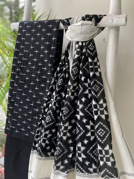 BLACK & WHITE COTTON IKKAT DUPATTA SET