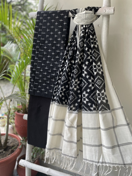 BLACK & WHITE COTTON IKKAT DUPATTA SET