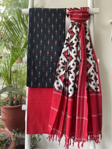 BLACK & RED COTTON IKKAT DUPATTA SET