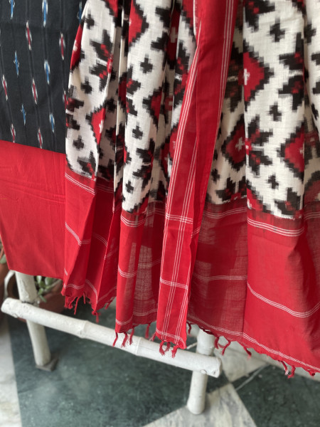 BLACK & RED COTTON IKKAT DUPATTA SET