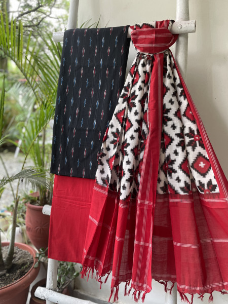 BLACK & RED COTTON IKKAT DUPATTA SET