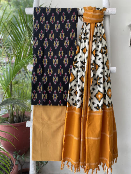 BLACK & MUSTARD COTTON IKKAT DUPATTA SET