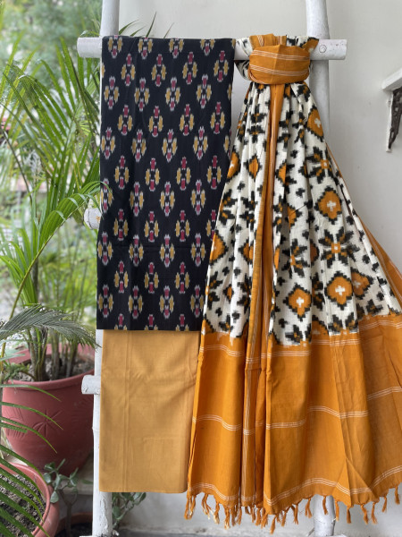 BLACK & MUSTARD COTTON IKKAT DUPATTA SET
