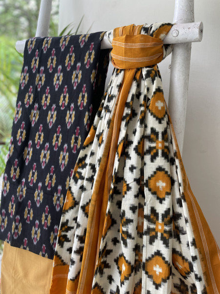 BLACK & MUSTARD COTTON IKKAT DUPATTA SET