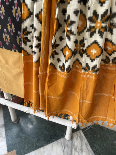 BLACK & MUSTARD COTTON IKKAT DUPATTA SET