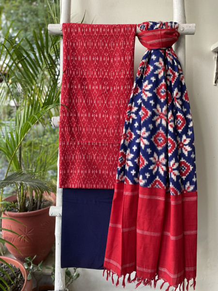 RED & INDIGO COTTON IKKAT DUPATTA SET
