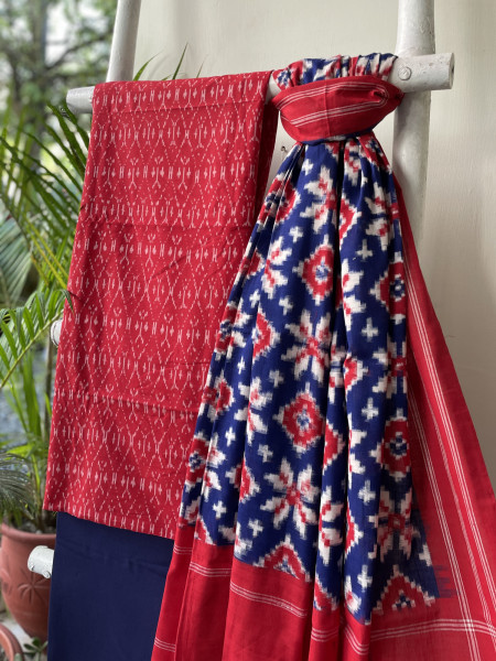 RED & INDIGO COTTON IKKAT DUPATTA SET