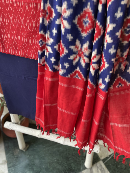 RED & INDIGO COTTON IKKAT DUPATTA SET
