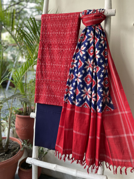 RED & INDIGO COTTON IKKAT DUPATTA SET
