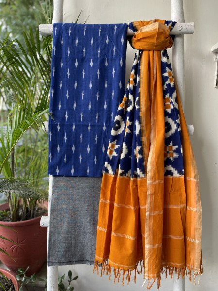 BLUE & MUSTARD COTTON IKKAT DUPATTA SET