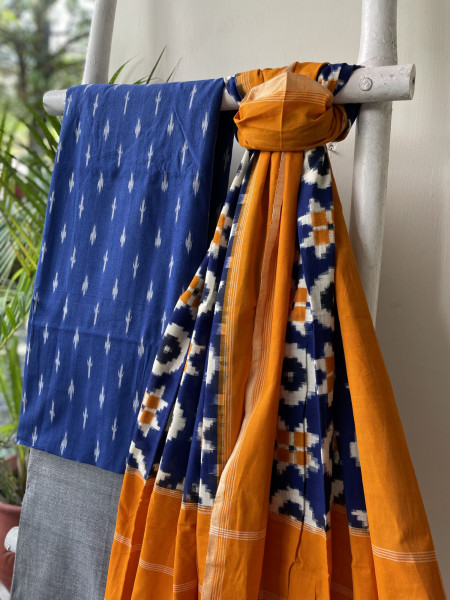 BLUE & MUSTARD COTTON IKKAT DUPATTA SET