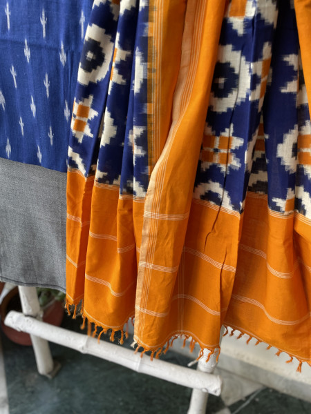 BLUE & MUSTARD COTTON IKKAT DUPATTA SET