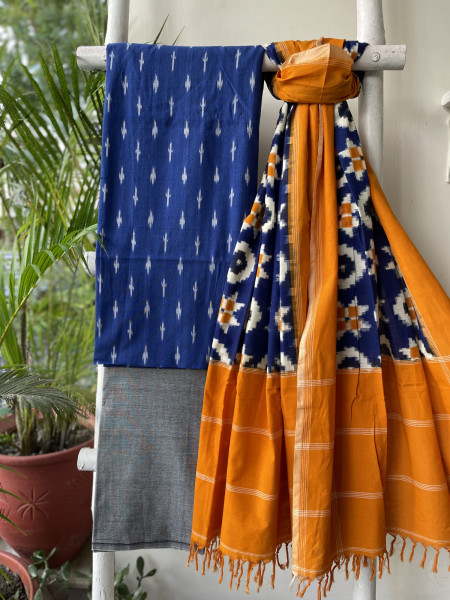 BLUE & MUSTARD COTTON IKKAT DUPATTA SET