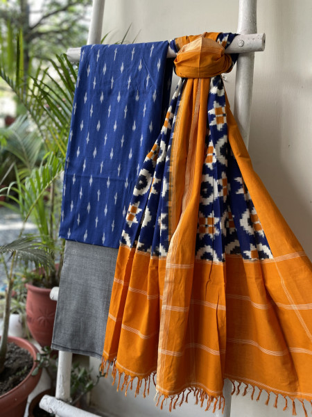 BLUE & MUSTARD COTTON IKKAT DUPATTA SET