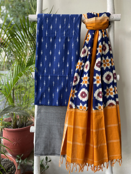 BLUE & MUSTARD COTTON IKKAT DUPATTA SET