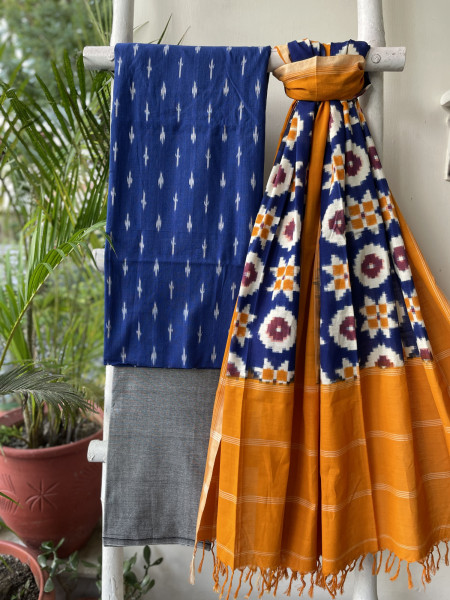 BLUE & MUSTARD COTTON IKKAT DUPATTA SET