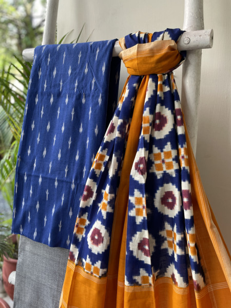 BLUE & MUSTARD COTTON IKKAT DUPATTA SET