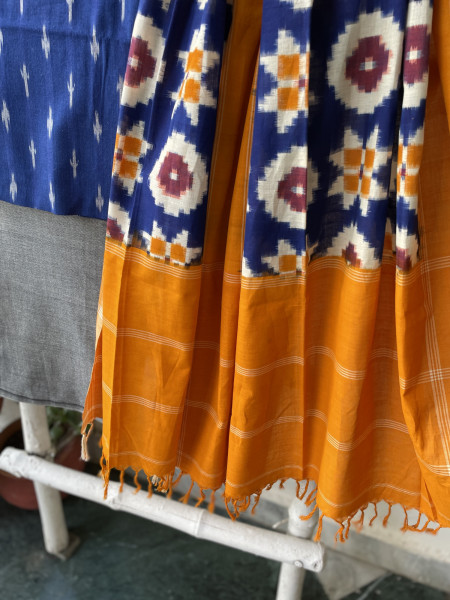 BLUE & MUSTARD COTTON IKKAT DUPATTA SET