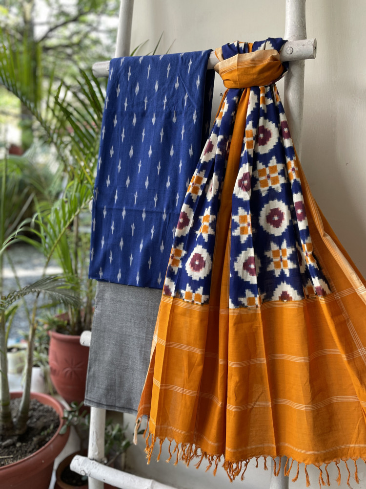 Image of BLUE &amp; MUSTARD COTTON IKKAT DUPATTA SET