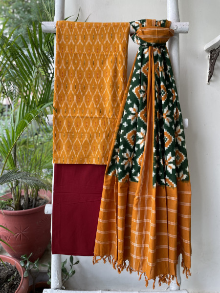MUSTARD & GREEN COTTON IKKAT DUPATTA SET