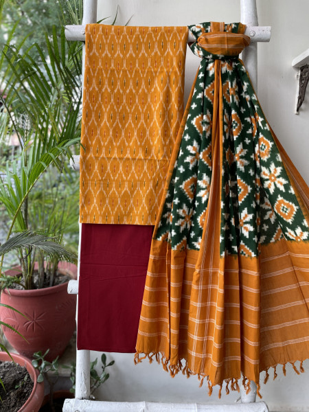MUSTARD & GREEN COTTON IKKAT DUPATTA SET