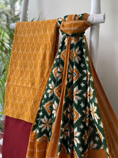 MUSTARD & GREEN COTTON IKKAT DUPATTA SET