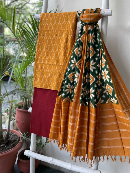 MUSTARD & GREEN COTTON IKKAT DUPATTA SET