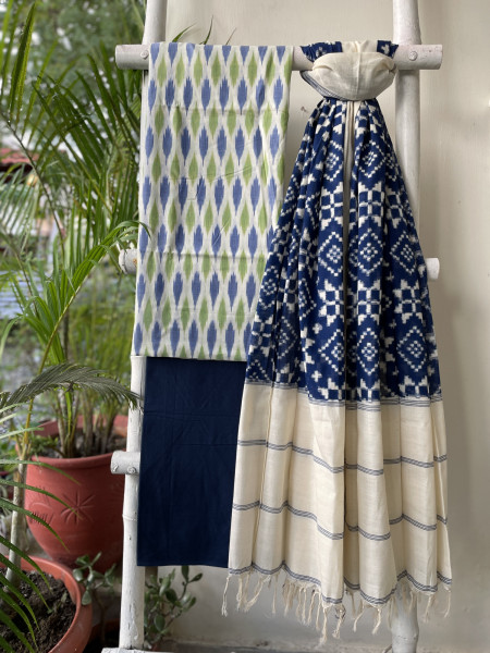 OFF WHITE & BLUE COTTON IKKAT DUPATTA SET